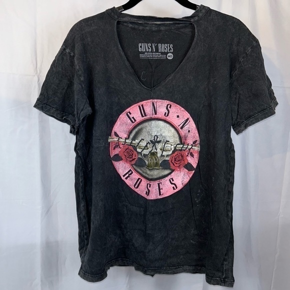 Guns N’ Roses Top Graphic Stonewash Dye Choker Short Sleeve Band Tee Shirt - Picture 2 of 9